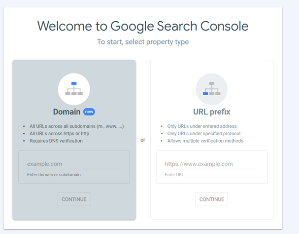 Google Search Console dashboard's starting steps for verification.