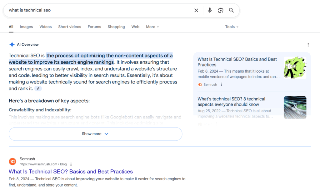 Google search results showing both blue links and an AI-generated answer box