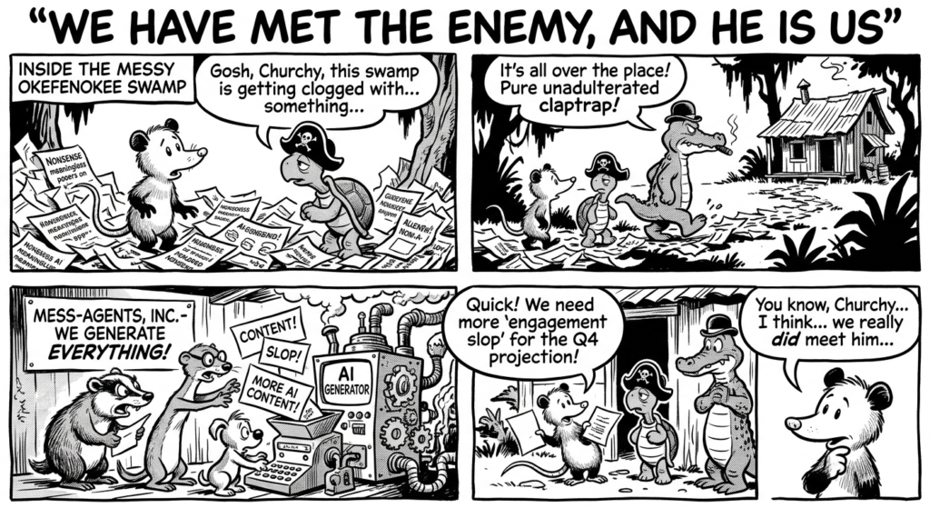AI Slop pogo comic strip. "We have met the enemy, and he is us"