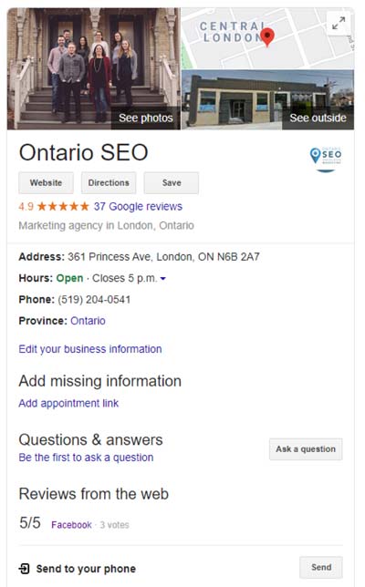 Google My Business Listing on the SERP for Ontario SEO