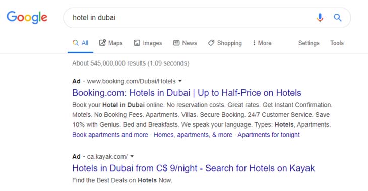 Sponsored ads or paid listing on the Google Search Engine Results Page